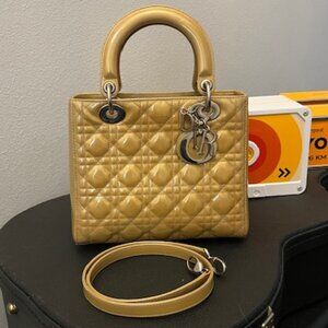 Christian Dior Lady Dior Medium Patent Cannage Leather | Gold-Beige | Silver HW
